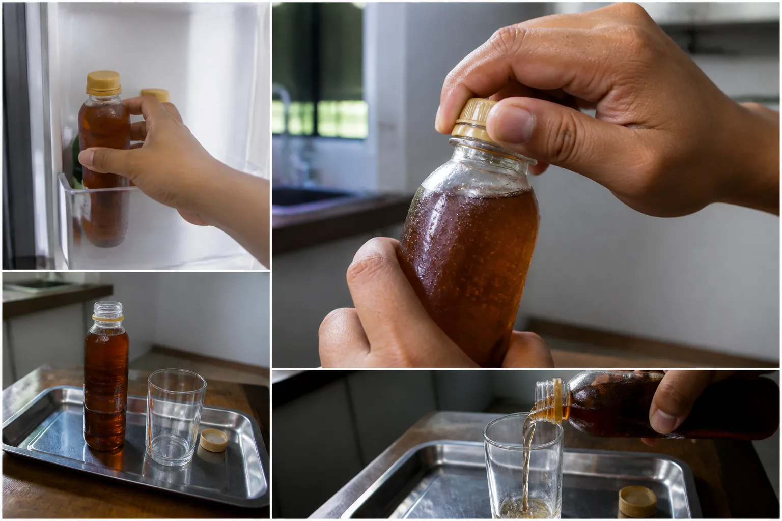 Tangan membuka botol teh dingin di dapur rumah